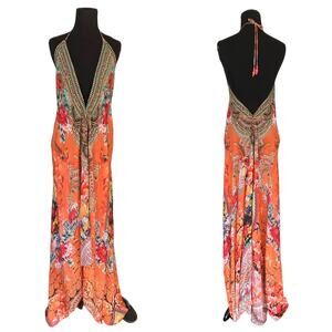 nwot SHAHIDA PARIDES Dress~S~M~L SILK Rhinestone A-Line High-Low Maxi Coral Blue